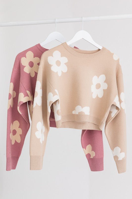 Long Sleeve Crop Sweater with Daisy Pattern - Robbi & Angel