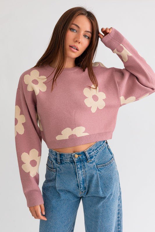 Long Sleeve Crop Sweater with Daisy Pattern - Robbi & Angel