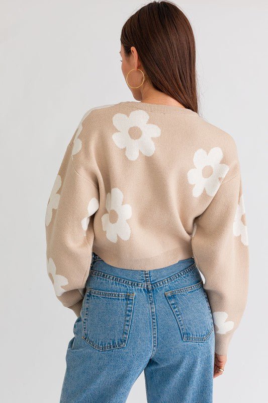 Long Sleeve Crop Sweater with Daisy Pattern - Robbi & Angel