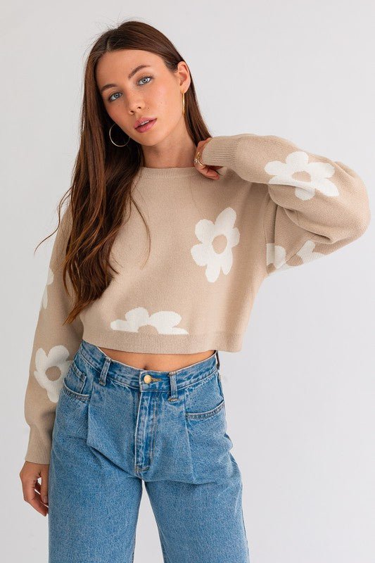 Long Sleeve Crop Sweater with Daisy Pattern - Robbi & Angel