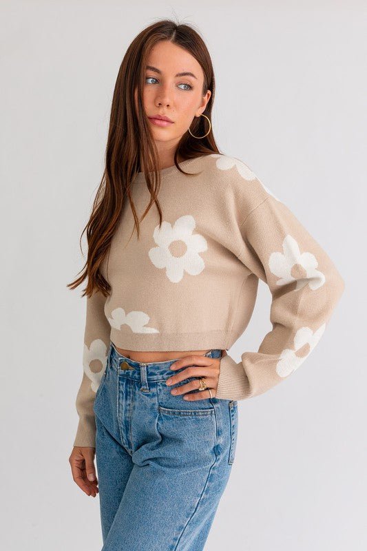 Long Sleeve Crop Sweater with Daisy Pattern - Robbi & Angel