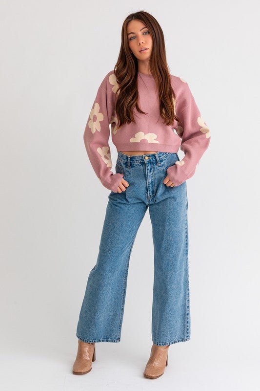 Long Sleeve Crop Sweater with Daisy Pattern - Robbi & Angel