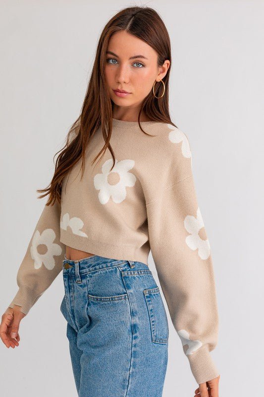 Long Sleeve Crop Sweater with Daisy Pattern - Robbi & Angel