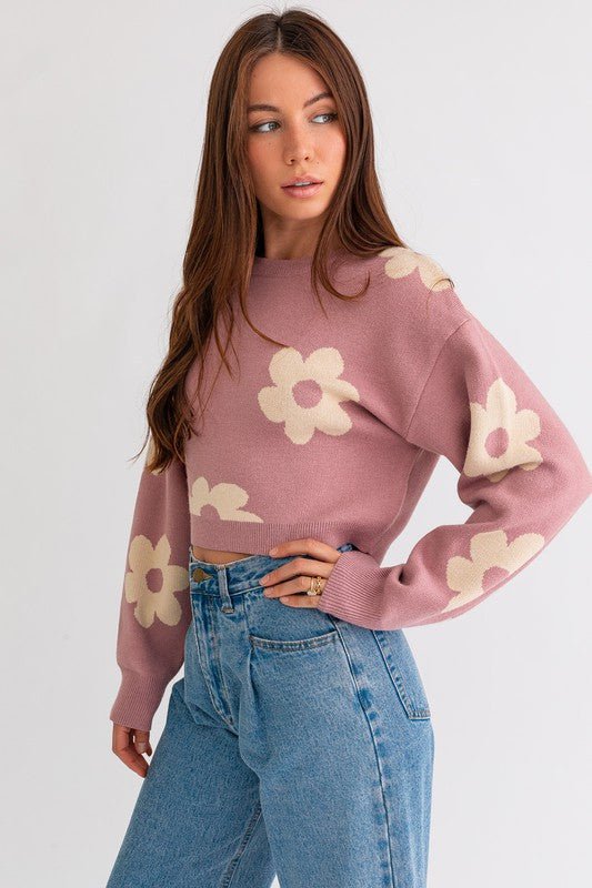 Long Sleeve Crop Sweater with Daisy Pattern - Robbi & Angel