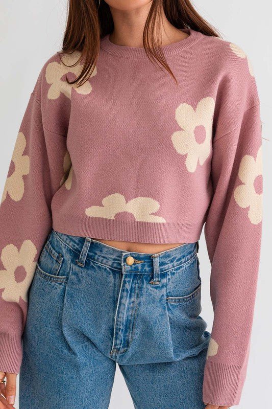 Long Sleeve Crop Sweater with Daisy Pattern - Robbi & Angel