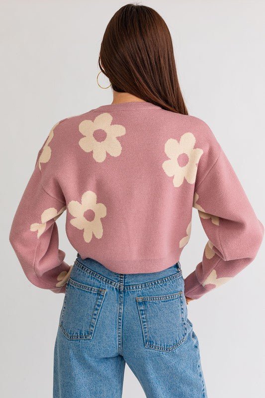 Long Sleeve Crop Sweater with Daisy Pattern - Robbi & Angel