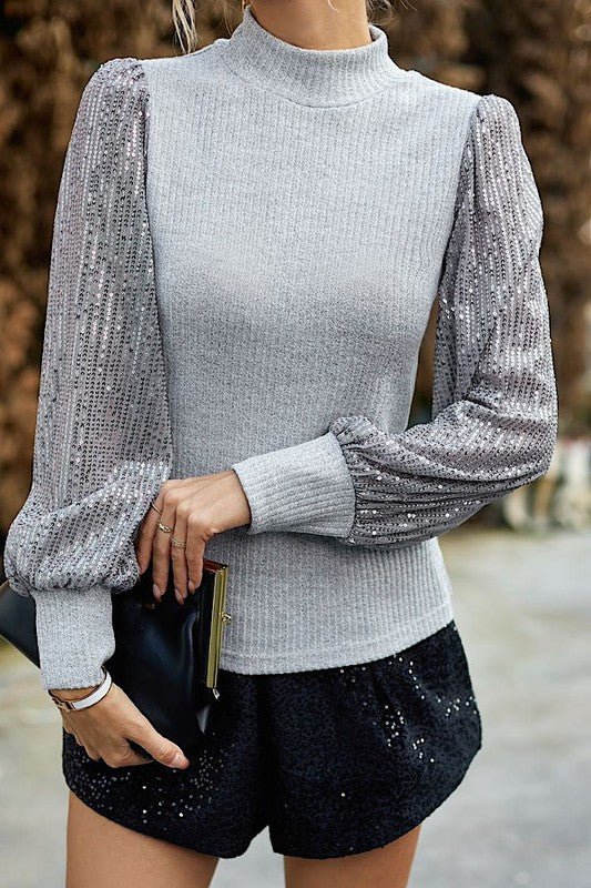 Ribbed mock neck top with sequin sleeves - Robbi & Angel