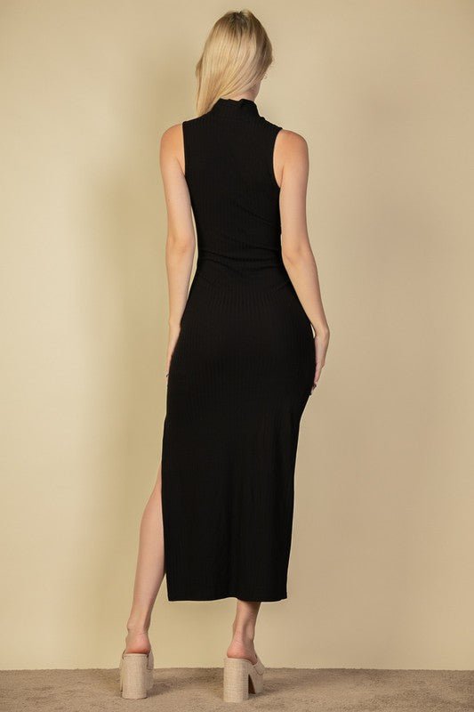 Ribbed Mock Neck Slit Bodycon Dress - Robbi & Angel