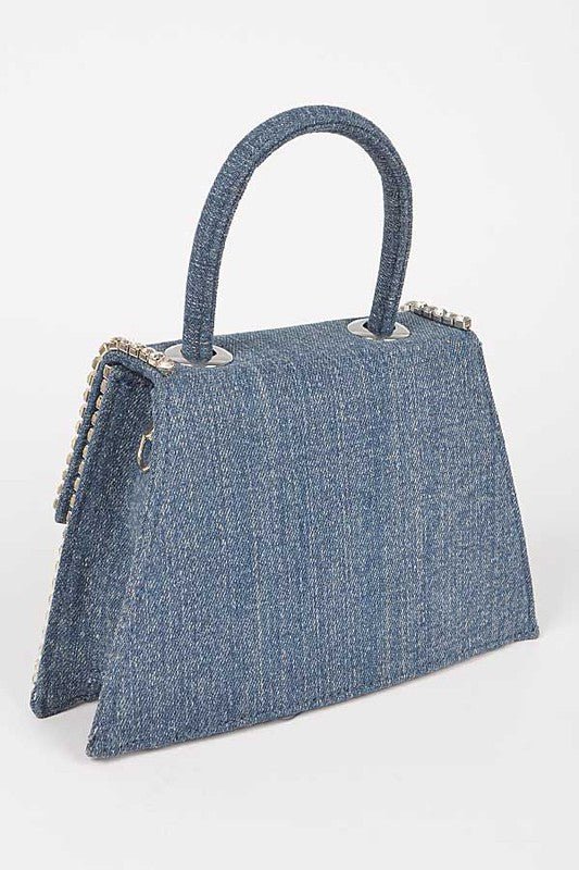 Rhinestone Accent Denim Top Handle Clutch Bag