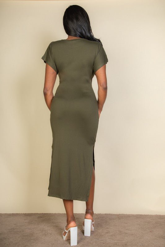 Tie Front Short Sleeve Side Slit Dress - Robbi & Angel