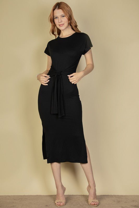 Tie Front Short Sleeve Side Slit Dress - Robbi & Angel