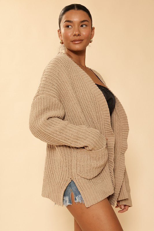 Ribbed knit open front cardigan with pockets - Robbi & Angel
