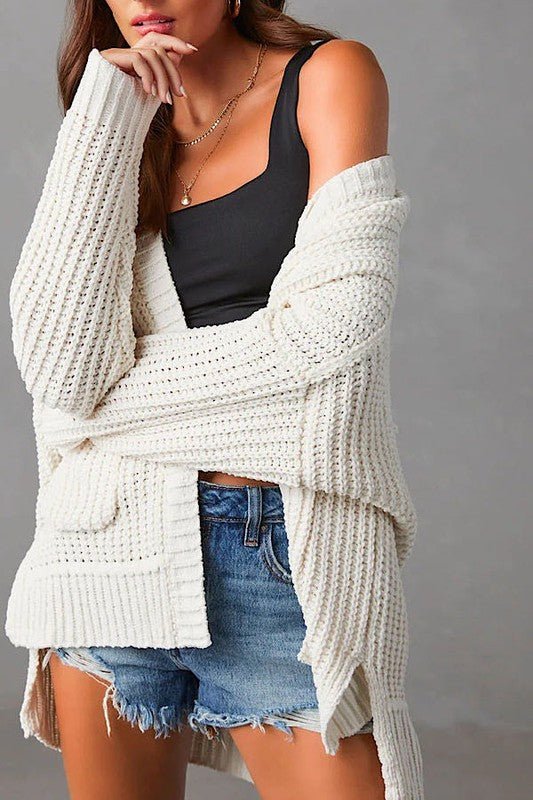 Ribbed knit open front cardigan with pockets - Robbi & Angel