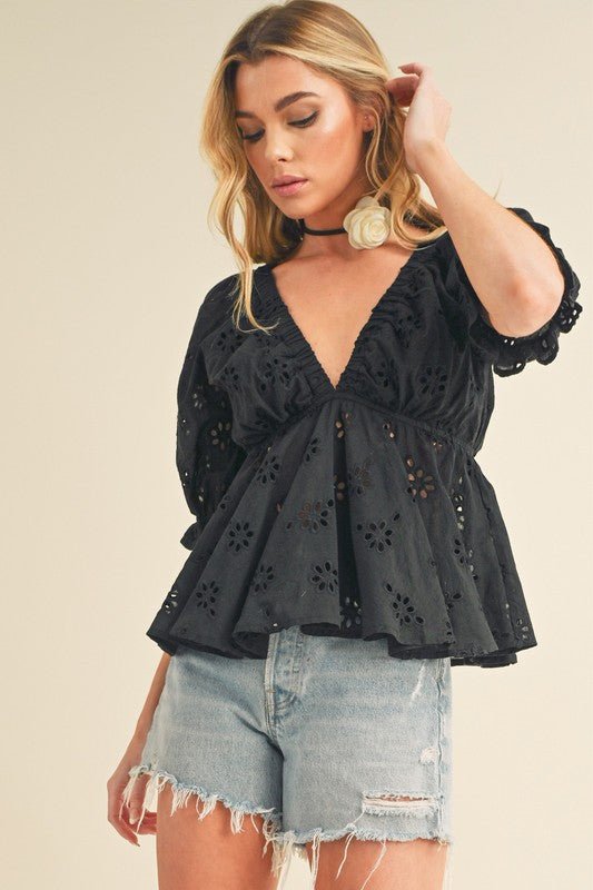 Aemi + Co Eyelet Embroidered V - Neck Half Sleeve Peplum Blouse - Robbi & Angel