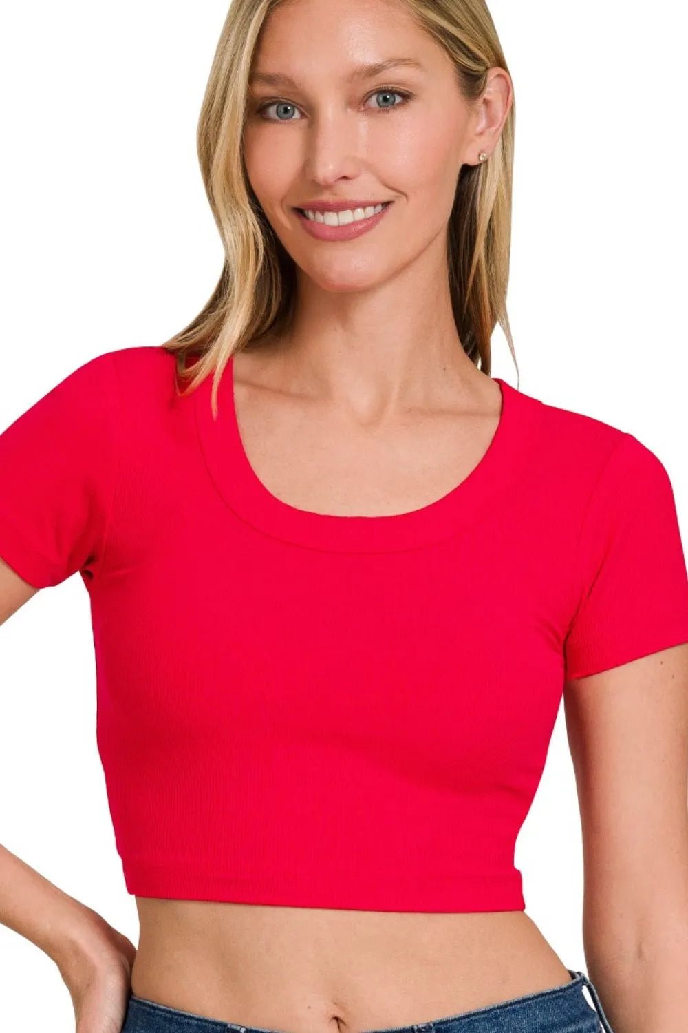 Zenana Ribbed Scoop Neck Crop Short Sleeve Top - Robbi & Angel