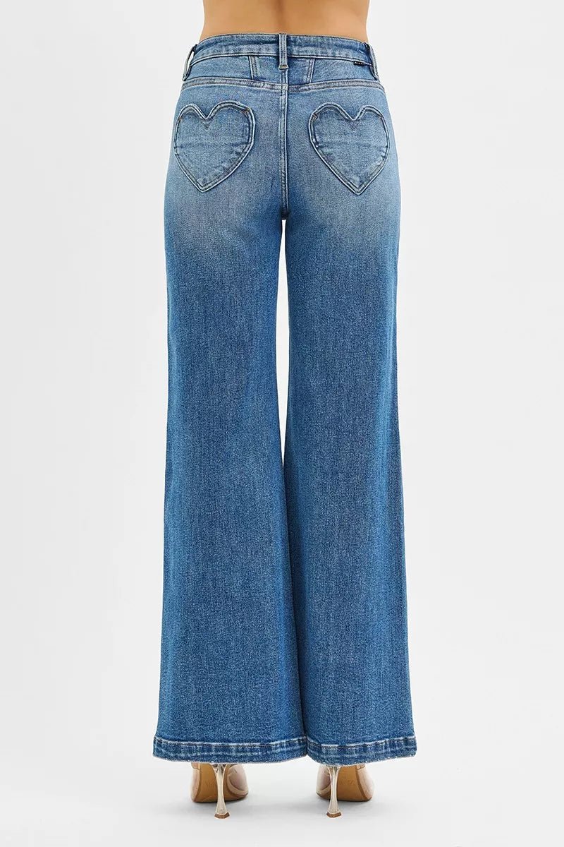 RISEN High Rise Wide Leg Jenas with Front Yoke and Heart Back Pocket - Robbi & Angel