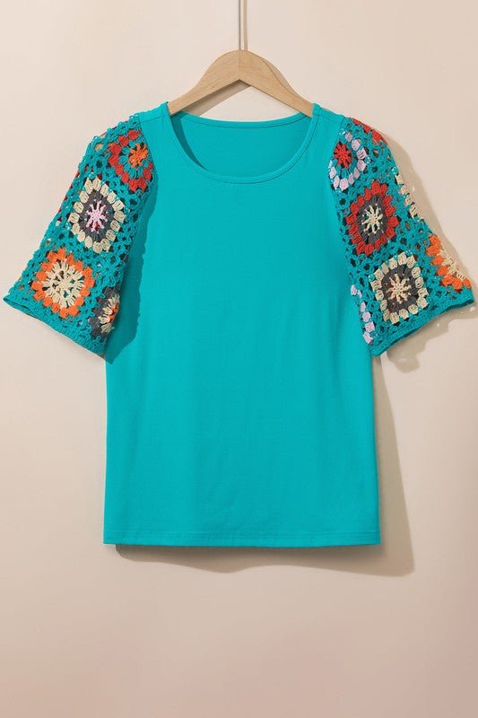 Black Floral Hollowed Crochet Sleeve Boho T Shirt - Robbi & Angel