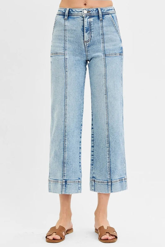 RISEN Full Size High Rise Crop Wide Front Seam Detailed Jeans Plus Size - Robbi & Angel