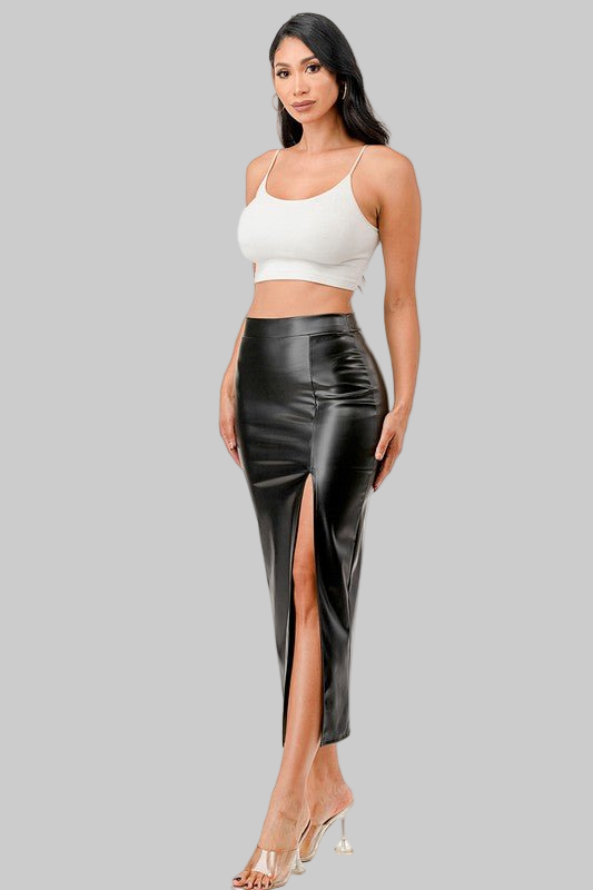 Faux Leather Skirt With High Front Slit