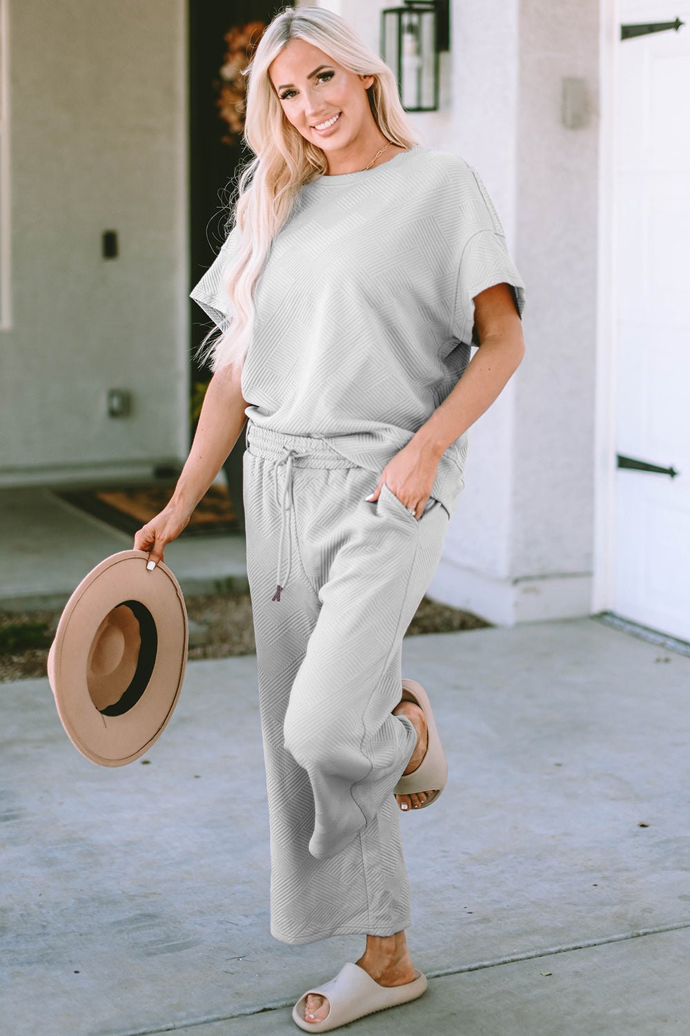 Double Take Full Size Texture Short Sleeve Top and Pants Set - Robbi & Angel