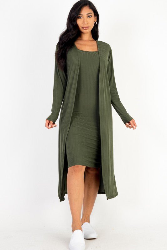 Ribbed Cardigan & Cami Midi Bodycon Dress - Robbi & Angel