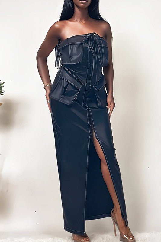 Button Detailed Faux Leather Dress With Slit-Robbi & Angel Button Detailed Faux Leather Dress With Slit-Robbi & Angel