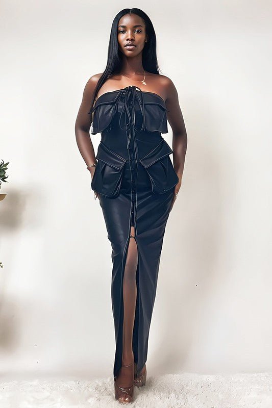Athina button detailed PU black leather dress - Robbi & Angel
