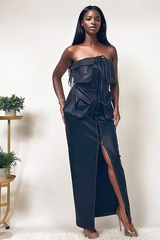Athina button detailed PU black leather dress - Robbi & Angel