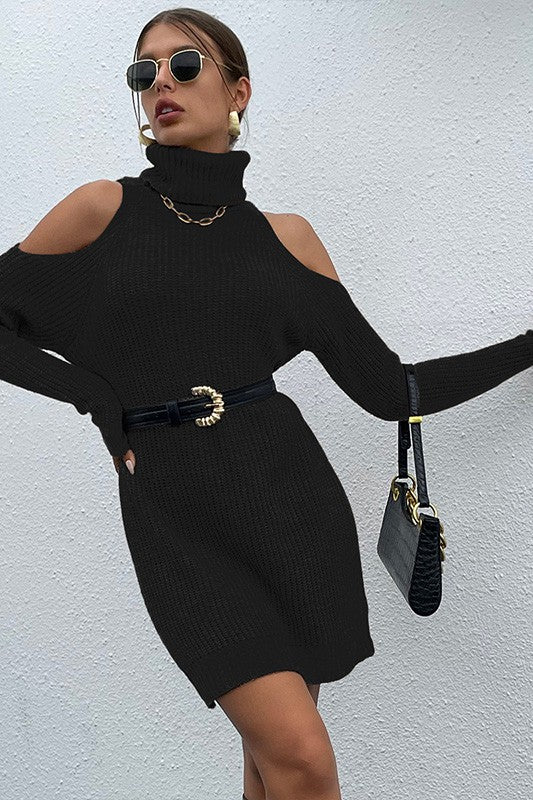 Black Black Turtleneck Cold - Shoulder Sweater Dress - Robbi & Angel