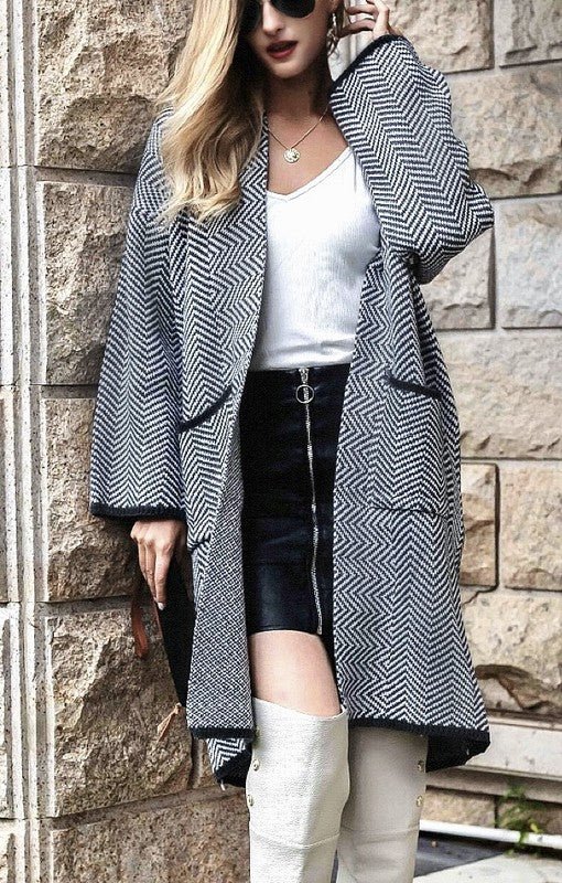 BLK Frenchy HerringbonePattern Open Front Cardigan - Robbi & Angel