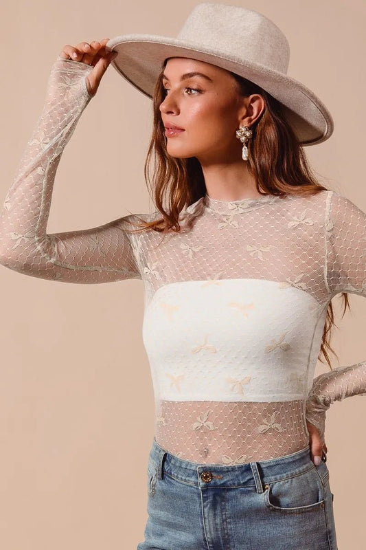 SO ME Bow Ribbon Pattern Sheer Lace Top - Robbi & Angel