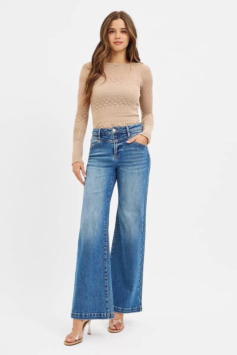 RISEN High Rise Wide Leg Jenas with Front Yoke and Heart Back Pocket - Robbi & Angel
