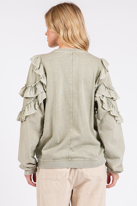 Mittoshop Ruffled Mineral Washed Round Neck Long Sleeve Sweatshirt - Robbi & Angel