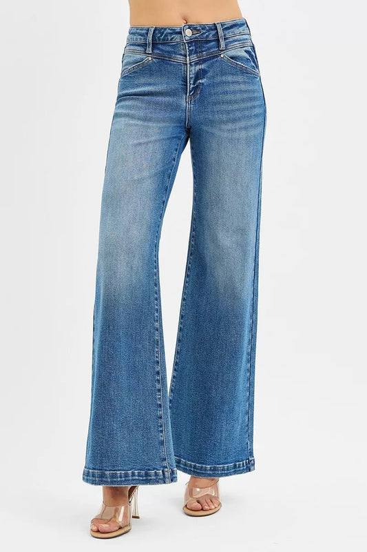 RISEN High Rise Wide Leg Jenas with Front Yoke and Heart Back Pocket - Robbi & Angel