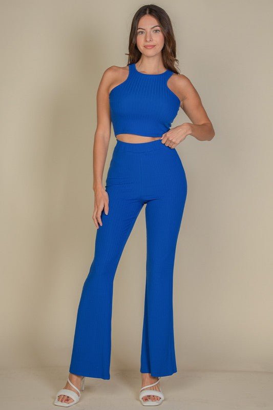 Ribbed Cropped Top and Bootcut Pants Sets - Robbi & Angel