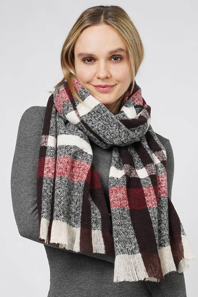 Plaid Check Pattern Oblong Fringe Winter Scarf - Robbi & Angel