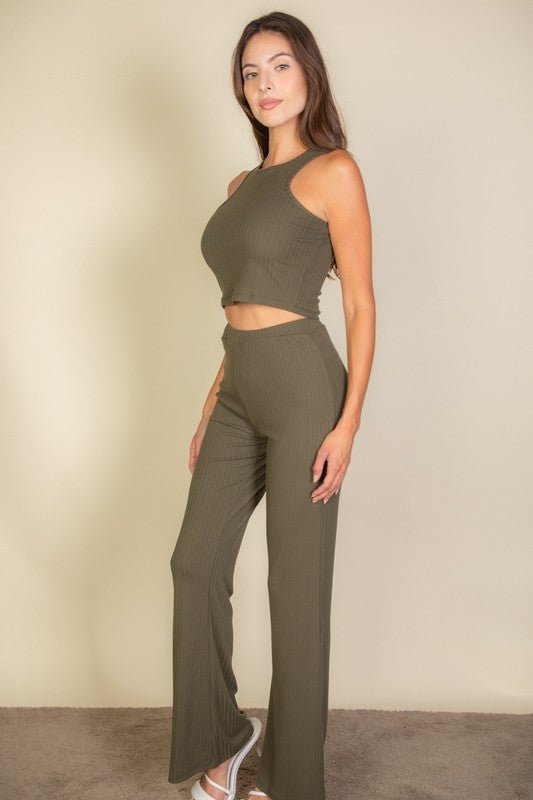 Ribbed Cropped Top and Bootcut Pants Sets - Robbi & Angel