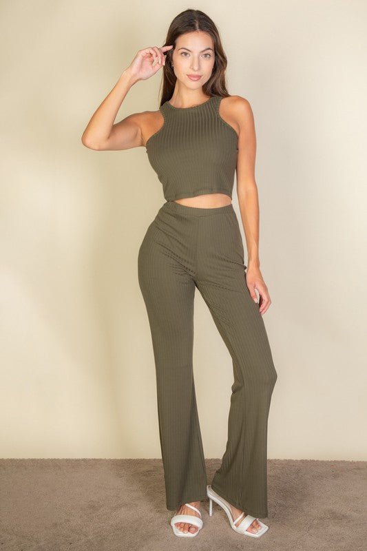 Ribbed Cropped Top and Bootcut Pants Sets - Robbi & Angel