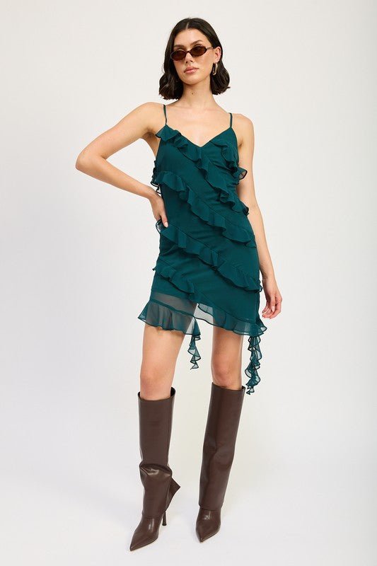 ASYMMETRICAL RUFFLE MINI DRESS - Robbi & Angel