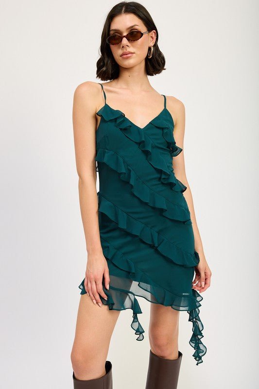 ASYMMETRICAL RUFFLE MINI DRESS - Robbi & Angel