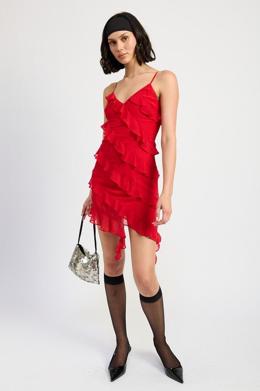 ASYMMETRICAL RUFFLE MINI DRESS - Robbi & Angel