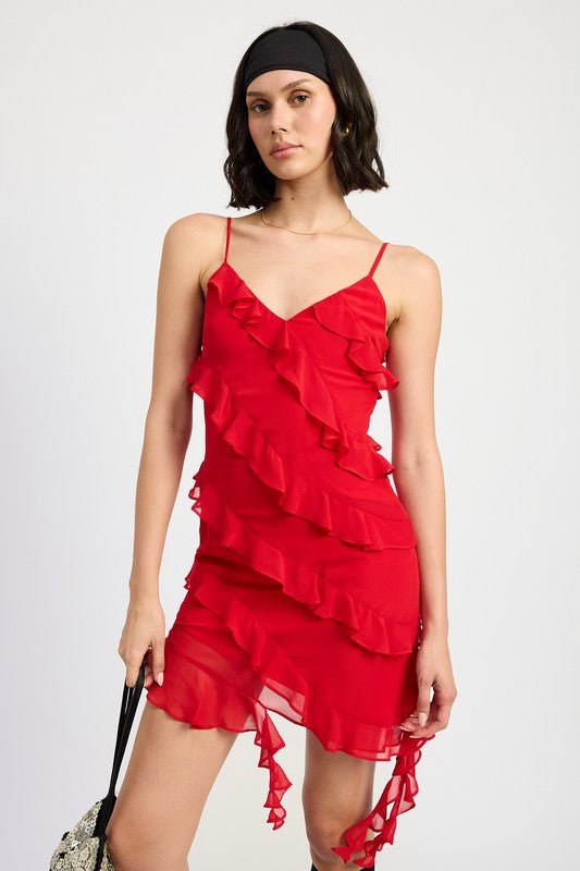 ASYMMETRICAL RUFFLE MINI DRESS - Robbi & Angel