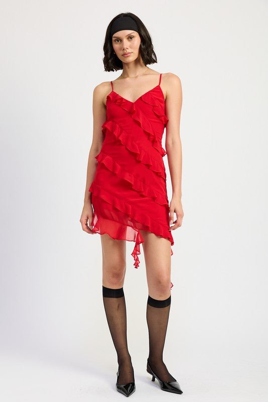 ASYMMETRICAL RUFFLE MINI DRESS - Robbi & Angel