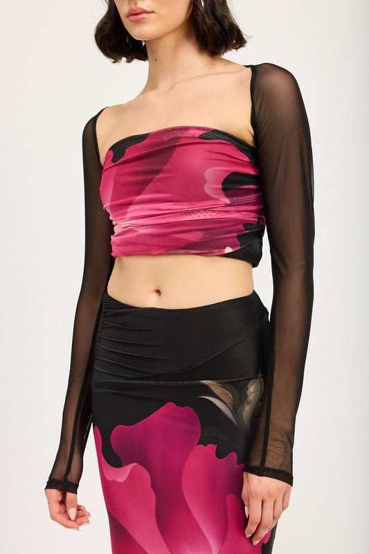 MESH PRINT TUBE TOP WITH DETACHABLE SHRUG - Robbi & Angel