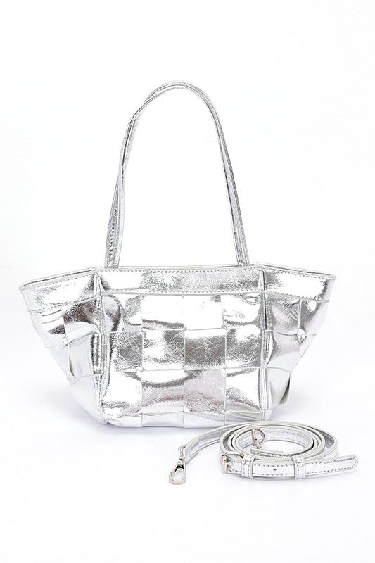 Metallic Faux Leather Weaved Small Tote Bag