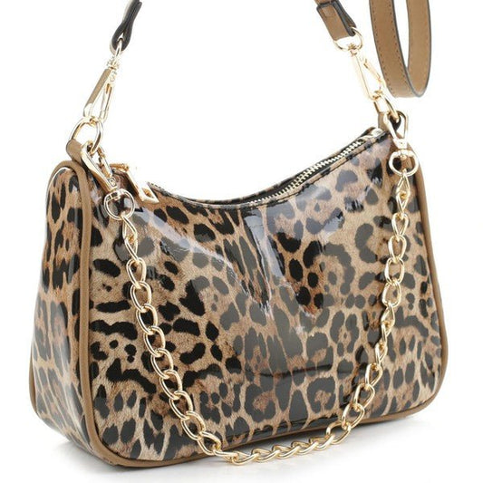 Glossy Leopard Chain Link Crossbody Satchel