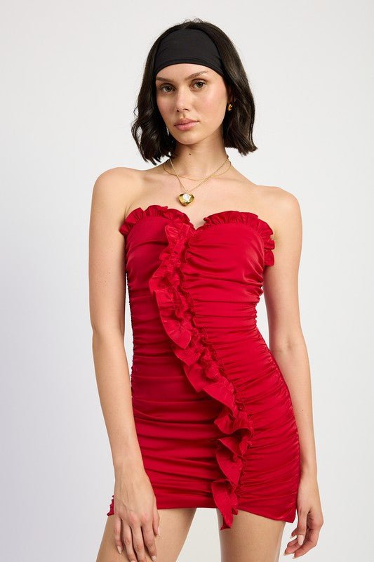 RUCHED RUFFLE MINI DRESS - Robbi & Angel