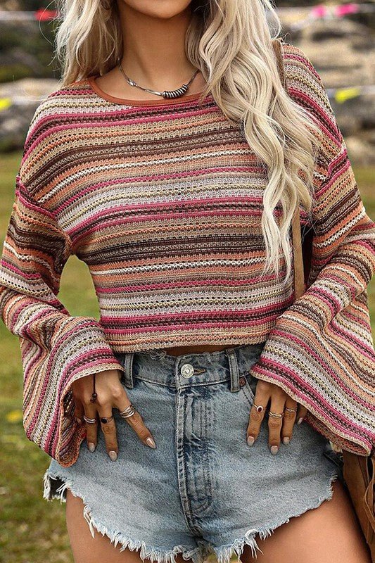 Red Ethnic Striped Wide Cropped Long Sleeve Top - Robbi & Angel