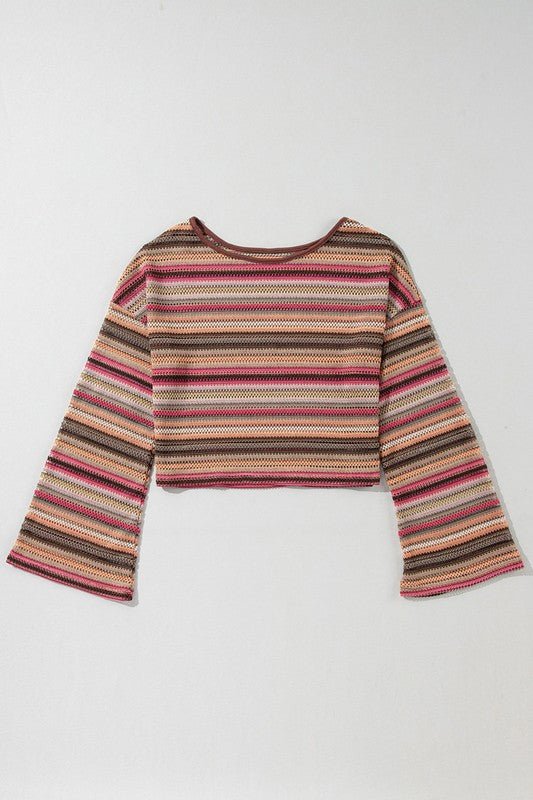 Red Ethnic Striped Wide Cropped Long Sleeve Top - Robbi & Angel