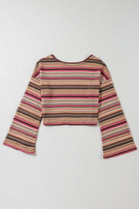 Red Ethnic Striped Wide Cropped Long Sleeve Top - Robbi & Angel